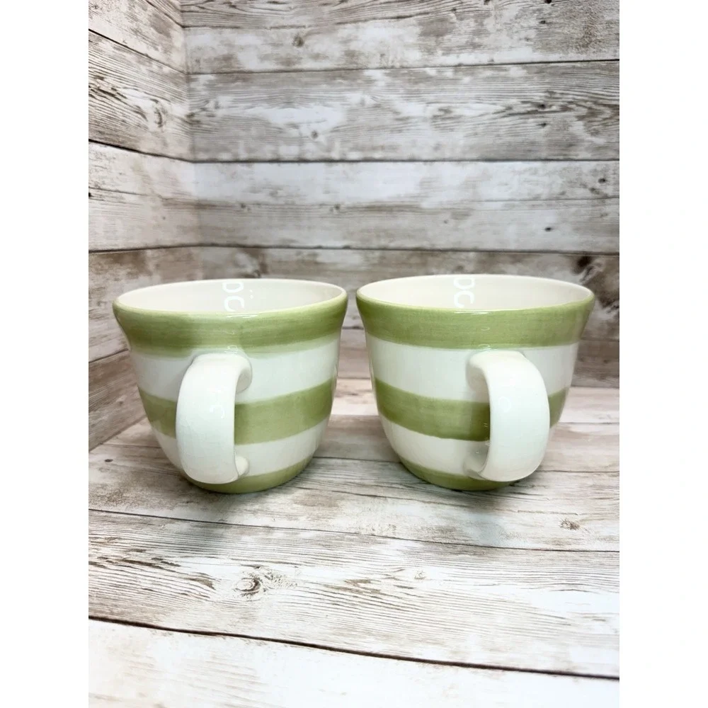 Crate & Barrel White Stripe Sage Green Mugs Set of 2 Barbara Eigen VTG Portugal